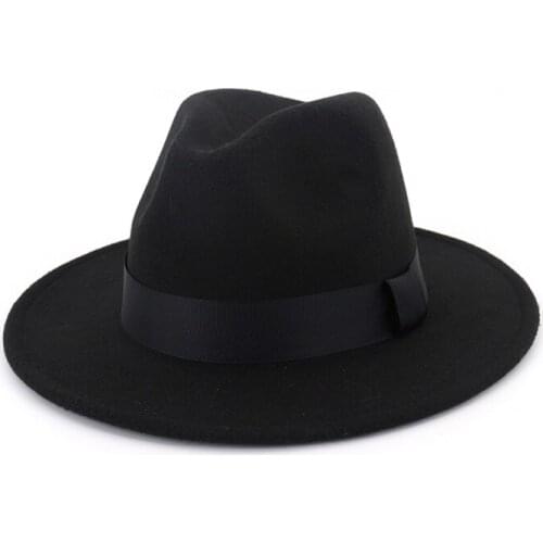 Unisex Wool Felt Wide Brim Jazz Fedora Hat with Black Ribbon Autumn Winter Panama Formal Hat Gambler Trilby Chapeau 12 Colors
