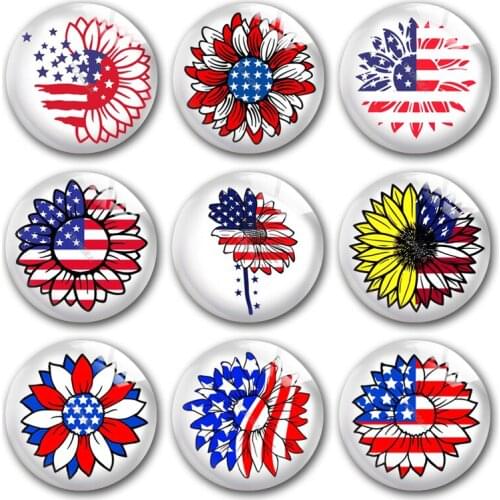 Handmade July 4th Sunflower USA Flag Blue Red Round Photo Glass Cabochons Demo Flat Back DIY Jewelry Making Findings Accessory