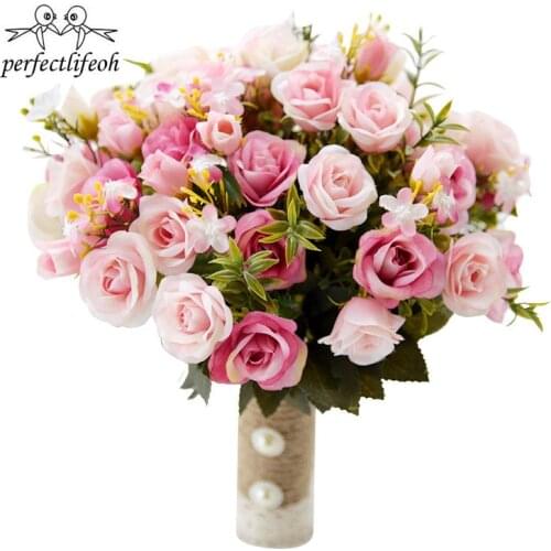 Perfectlifeoh Pink White Wedding Bouquet Handmade Artificial Flower Rose buque casamento Bridal Bouquet for Wedding Decoration