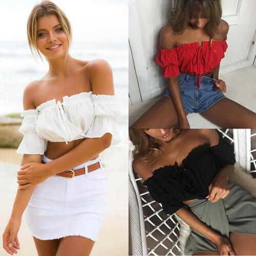 Stylish Women Summer Sexy Elastic Tank Crop Top Sleeveless Vest Off Shoulder Puff Short Sleeve solid color ruffles Camisole Bra