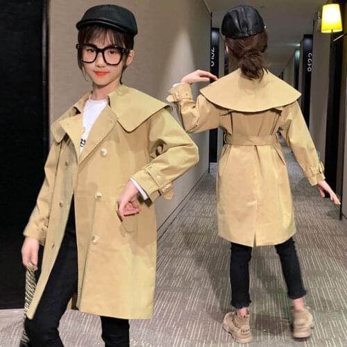 Spring Autumn Girls Casual Jackets Turn-down Collar Outerwear Fashion Long Trench Coat Children Clothing 4-14Years Girls Clothes