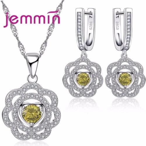 Vintage Bridal Jewelry Set For Wedding Accessory Women Hollow Out Flower Cubic Zirconia Necklaces Earrings Set For Party