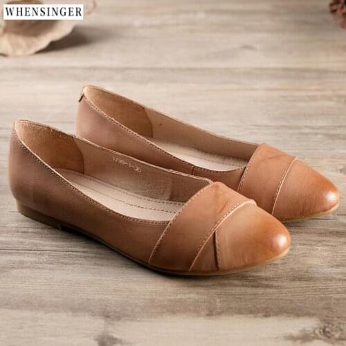 Whensinger - Women Flat Shoes Vintage Elegant Fashion loafers Genuine Leather Casual Splice Flats Shoe