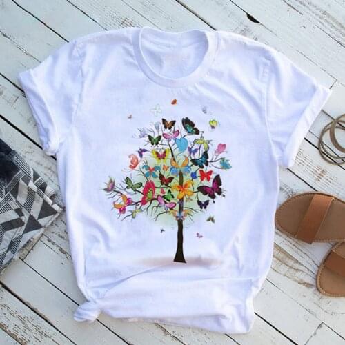 Women Butterfly Tree Print Harajuku T-shirts Summer White T-shirts Butterfly Tree Casual Round Neck Short Slee Top Tee Shirt