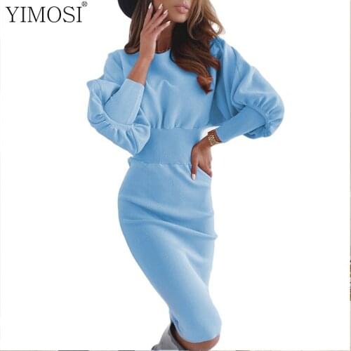 2021 Autumn Winter Women Long Sleeve Party Dress Ladies Elastic High Waist Casual Midi Dress A Line Elegant Knitted Dress