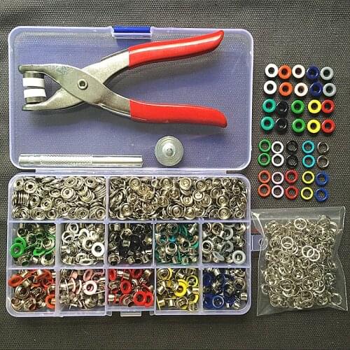 1pc Plier+1set Eyelets Tool+200sets 10 Colors 9.5mm Prong Snap Buttons Fasteners Press Studs Poppers Buckle+200pcs 5mm Eyelets