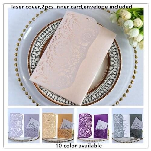 100PCS/LOT Laser Cut Wedding Party Invitation Card Include Laser Cover 2PCS Inner Card And Envelope