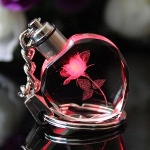 50pcs/lot Fashionable 3D Laser Engraved LED Heart Crystal Keychain With Rose For Wedding Decoration or Christmas Gifts