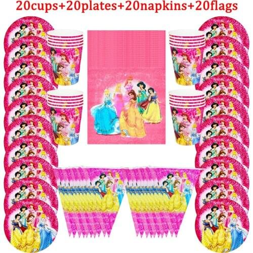 80Pcs Cartoon Disney Six Princess Disposable Tableware Kids Birthday Party Decoration Paper Plate+Cup+Napkin+Flags Supplies