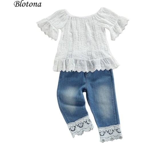 Blotona Hot Sale Baby Girls T-shirt and Trousers Suit Fashion Solid Color Short Sleeve Tops+Lace Stitching Denim Pants, 1-6Years