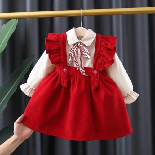 Spring Autumn Baby Girls Long Sleeve Shirt + Strap Two-Piece Dress Infant Baby Party Princess Dress Newborn Clothes