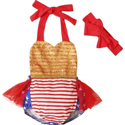 Independence Day Baby Girls Romper Outfit Infant Sequins Decoration Mesh Splicing Sleeveless Hanging Neck Romper + Bow Headwear