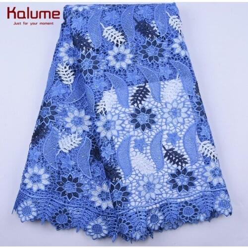 Kalume Skyblue African Guipure Cord Lace Fabric Hollow Out Nigerian Water Soluble Cord Lace Fabric With Stones For Wedding 1975