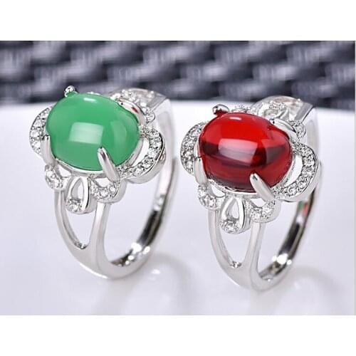 Natural emerald ring, female hollow carving inlaid with emerald ring chalcedony ring silver ring ornament