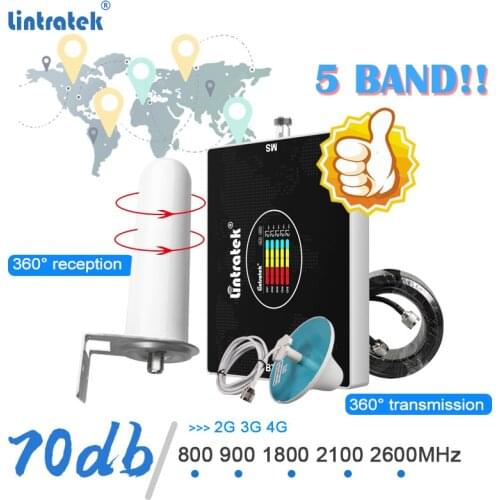 Lintratek Five 5Band Signal Booster LTE Amplifier 4G 800 2600 B3 1800 3G WCDMA B1 2100 2G GSM 900 70db Cellular Phone Repeater