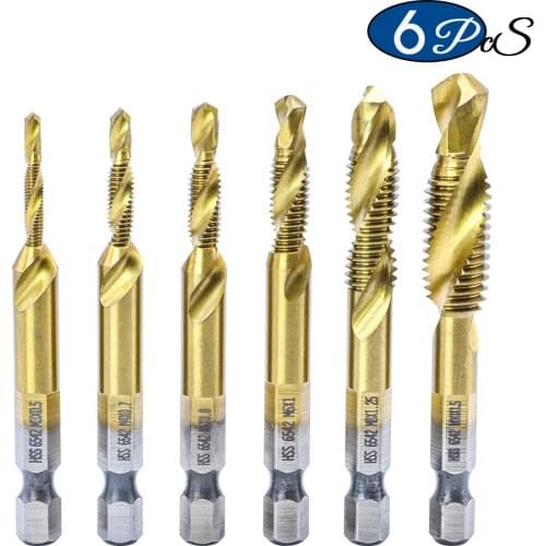 NINDEJIN 6pcs/set metric thread tap drill bits set m3 m4 m5 m6 m8 m10 hex shank hss 6542 screw tap drill bits set for metal wood