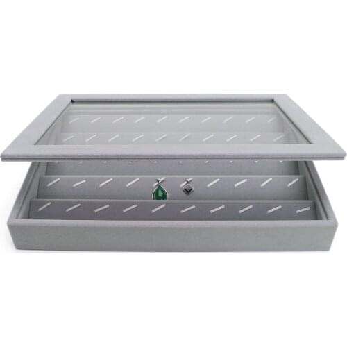 New Ice Gray Velet 50 Hook Pendent Tray Jewelry Ring Earring Display Holder Storage With Plastic Cover For Jewellery Counter
