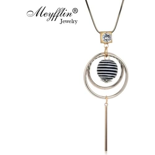 Meyfflin Round White Black Ball Women Long Chain Necklace Female Fashion Bar Chokers Necklaces & Pendants Sweater Maxi Jewelry