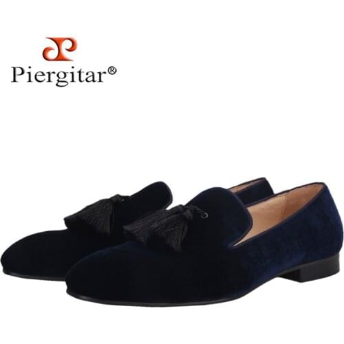 Piergitar Navy Colors Velvet Men Tassel Shoes Italy CL Same Designs Red Outsole Mens Loafers Classic Slip on Smoking Slippers