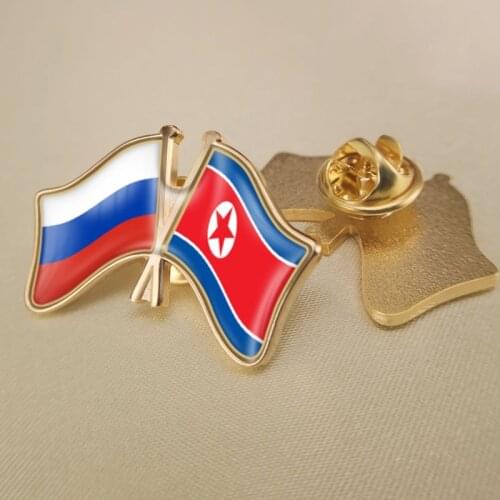 Russian Federation and North Korea Crossed Double Friendship Flags Lapel Pins Brooch Badges