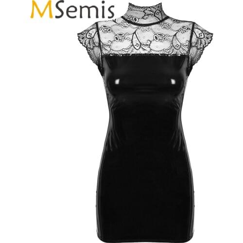 Evening Party Bodycon Zipper Mini Dress for Womens Sexy Lingerie Lace Patchwork Patent Leather Clubwear for Bar Pole Dancing