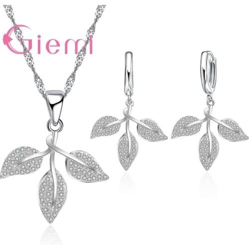 Gorgeous Gift 925 Sterling Silver Jewelry Crystal CZ Leaf Shape Pendant Woman Necklace Drop Earring Wedding Set Wholesale