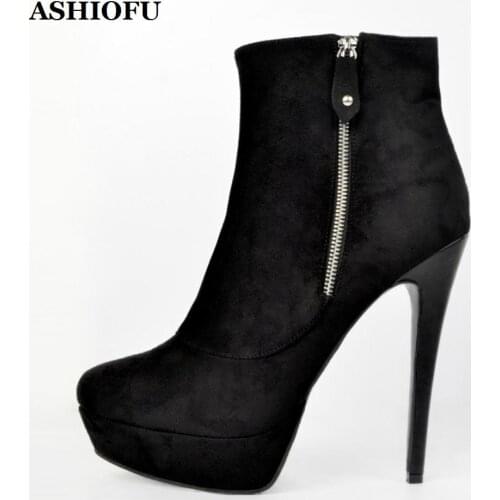 ASHIOFU Handmade New Ladies High Heel Boots Kid-suede Sexy Platform Party Prom Ankle Booties Large Size Evening Fashion Boots