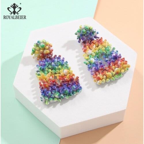 Royalbeier New Women Summer Boho Rainbow Color Beads Drop Earrings Vintage Handmade Geometric Bohemian Dangle Earring Jewelry