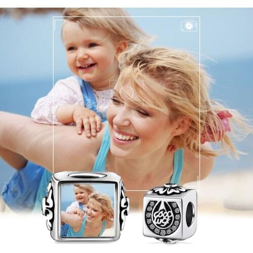 ELESHE Real 925 Sterling Silver Fine Bead With CZ Square Custom Photo Charm Fit Original Bracelet Women DIY Jewelry Fashion Gift