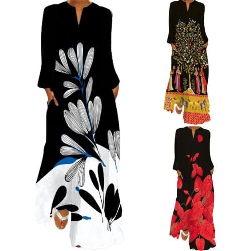 Women Fashion Graceful Casual Long Dress Vintage Print V Neck Long Sleeve Large Hem Insert Pockets Dress Beach Daily Streetwear