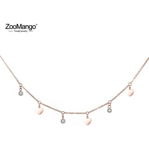 ZooMango Titanium Stainless Steel Love Heart Choker Necklaces For Women Rose Gold CZ Crystal Pendant Necklace Jewelry ZN18275