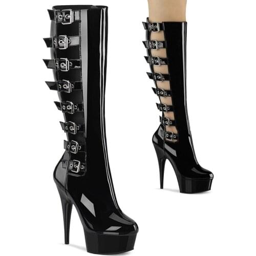 15CM Super High heeled shoes Hollow Thin heels Mid calf Thick platform Trend paint 6 inches Belt buckle Nightclub Pole dancing