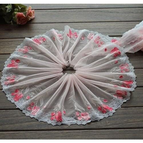 2 Yards Lace Trim Pink Floral Embroidered Scalloped Tulle Lace 7.48 Inches Wide High Quality