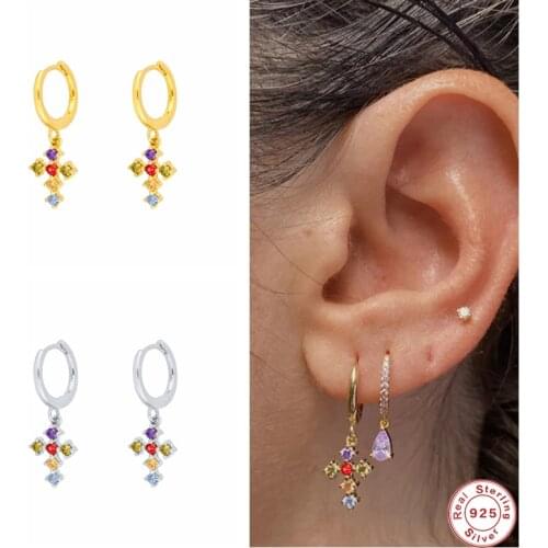 GS 925 Sterling Silver Colorful CZ Crystal Cross Charm Dangle Circle Earrings For Women Luxury Rainbow Pendiente Drop Earrings