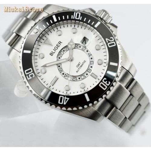 Bliger 43mm white dial luminous marks sapphire glass ceramic bezel date GMT automatic mens top mechanical watch