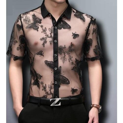Black See Through Silk Shirts For Mens Large Size Transparent Flower Mesh Top Club Dancing Stage Sexy Dress For Big Breasts Lace