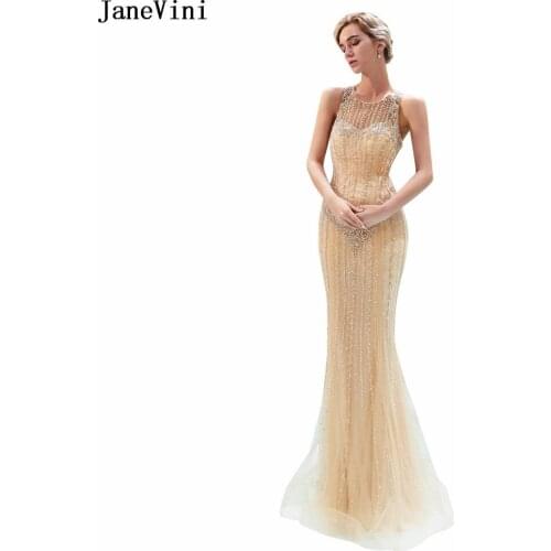 JaneVini Elegant Mermaid Tulle Long Bridesmaid Dresses Floor Length 2019 Luxury Beading Illusion African Sexy Formal Prom Gowns