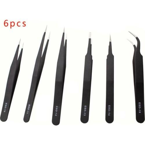 6Pcs Electronics Tweezers Forceps Anti-static ESD Tweezers Set Straight Curved Electronic Craft Repairing Maintenance Tools