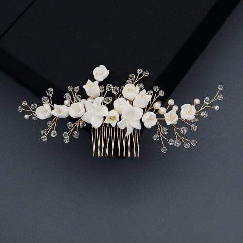 Floralbride Handmade Crystal Rhinestone Pearls Ceramic Flower Bridal Wedding Hair Comb Hair Pins Stickers Set Women Jewelry
