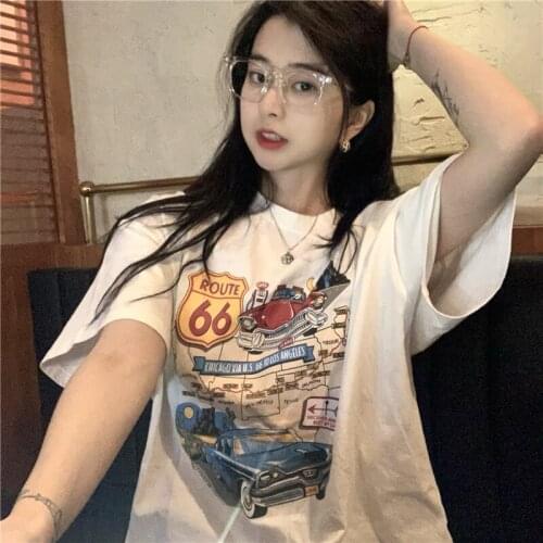 Womens T-shirts Tops Japanese Kawaii Ladies Ulzzang Lazy Retro Car Print Loose Tshirt Female Korean Harajuku Clothes For Women