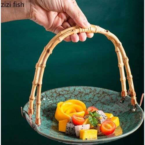 Ceramic Plate Bamboo Handle Dinner Plate Restaurant Tableware Decorative Plates Fruit Tray Salad Bowl Sushi Dishes Dessert Bowl