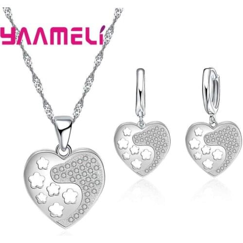 YAAMEL New Arrival Hollow Heart Jewelry 925 Sterling Silver Necklace Earrings Set Gift For Women Girls Party Birthday Wholesale