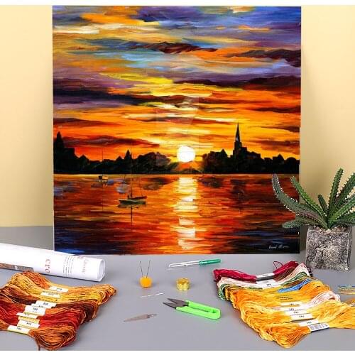 Corsica Sunset Pre-Printed 11CT Cross-Stitch Full Kit Embroidery DMC Threads Needlework Craft Hobby Handiwork Floss Counted