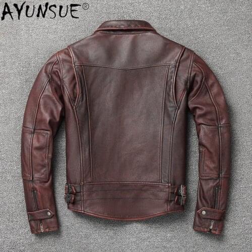 AYUNSUE Genuine Cow Leather Jacket Men Clothing Spring Autumn Cow Leather Coats Vintage Brown Motorcycle Jackets 2021 KJ6664