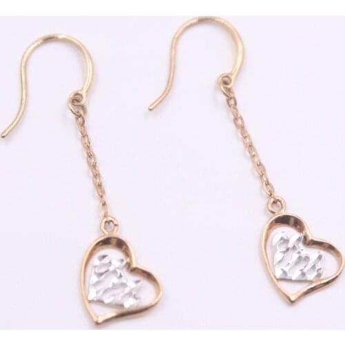 Real 18K Multi-tone Gold Earrings Hook For Women Charm Loving Heart Earrings Drop Gift Rolo Chain Beads Tassel