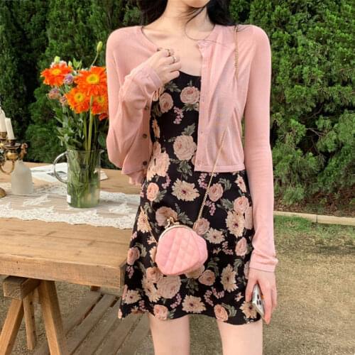 2020 New Printed Sling Dress + Pink Sunscreen Cardigan Two-piece Suit Dress Suit