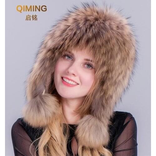 New Autumn Winter Beanies For Ladies Raccoon Fur Hats Pompom Pom Pom Hat Female Brown Dome Earmuffs Lei Feng Snow Cap Women