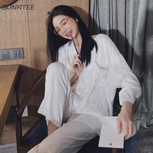 Pajama Sets Women Spring Solid Elastic Waist Korean Style Comfortable Simple sleepwear Fashion Leisure Pocket Single Breasted