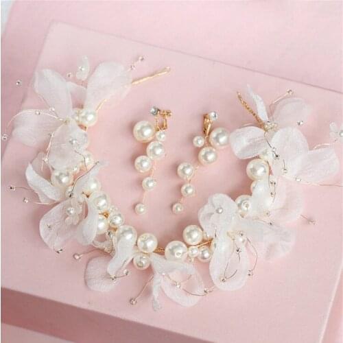 White Flower Pearl Headband Fabric Princess Headdresses Girls Bride Headband Women Beach Wedding Hair Accessories with earrings