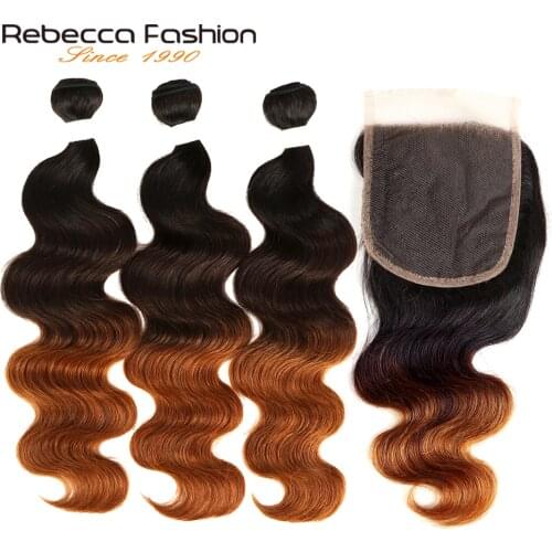 Rebecca Ombre Bundles With Closure 1B/4/30 Brazilian Body Wave Bundles With Closure Non Remy Human Hair 3 Bundles With Closure